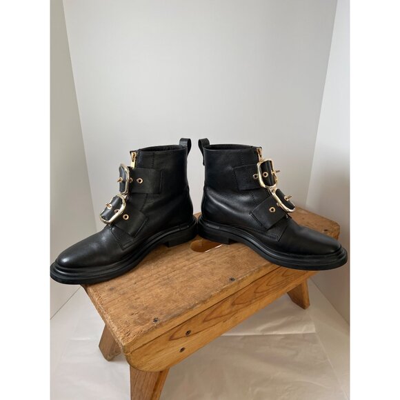 ASOS Black Leather Gold Metal Double Buckle Ankle Biker Boot US Size 6 UK Size 4 - Picture 7 of 14